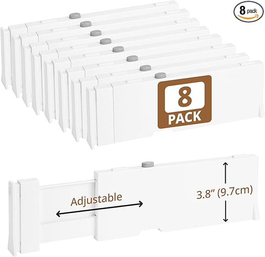 8 Pack 3.8" High Drawer Dividers, 11"-17" Expandable Drawer Organizer For Clothes, Dresser Drawer Organizer, Warm White Drawer Separators for Baby Clothes, Vanity, Cosmetic, Kitchen and Office Storage-NeatNest