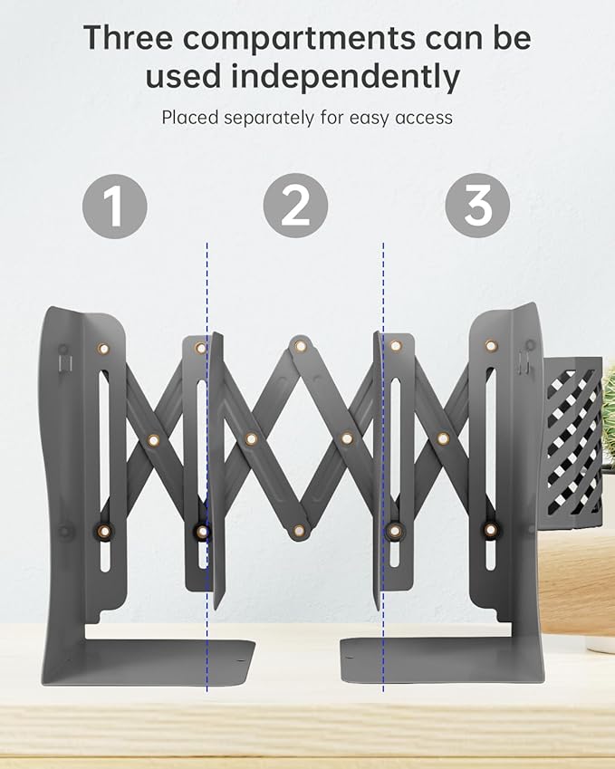 Honagu Adjustable Bookends, Metal Book Ends for Shelves Heavy Book, Desk Magazine File Organizer for Home, Office, Books, Papers, Extends up to 19 inches with Pen Holder (Grey)