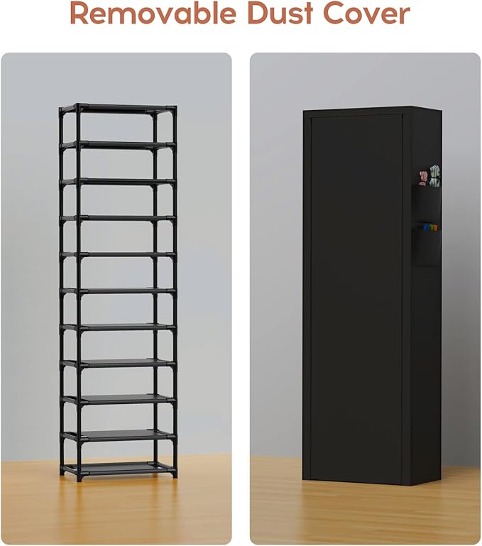 VTRIN Vertical Narrow Shoe Rack Organizer Tall Shoe Rack for Closet Entryway 10 Tier Non-Woven Cover Shoe Shelf Holds 20-22 Pairs Free Standing Shoe Storage Cabinet with Dustproof Cover, Black-NeatNest