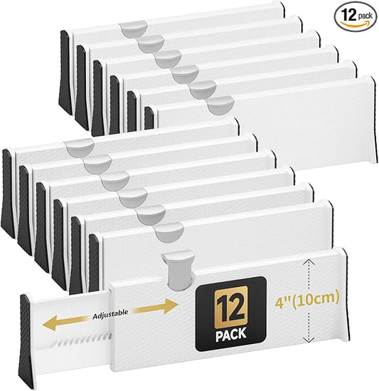 Drawer Dividers Organizer 12 Pack, Adjustable Separators 4" High Expandable from 11-17" for Bedroom, Bathroom, Closet, Clothing, Office, Kitchen (White, 12 PACK)-NeatNest