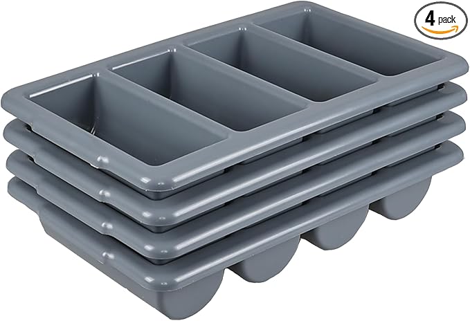 4 Pack Plastic Commercial Cutlery Tray, 4-Compartment Silverware Organizer Bin, Grey