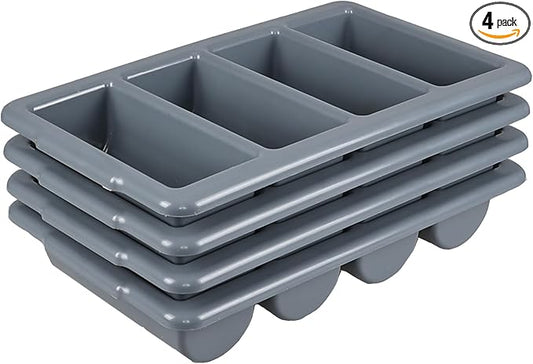 4 Pack Plastic Commercial Cutlery Tray, 4-Compartment Silverware Organizer Bin, Grey