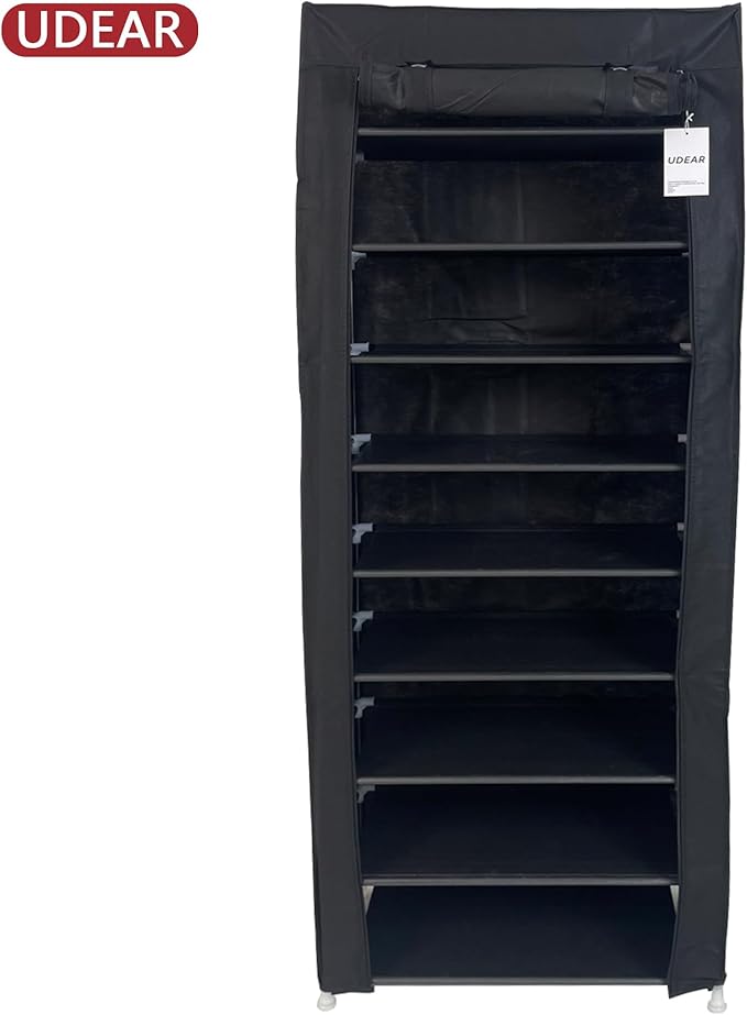 UDEAR 9 Tier Shoe Rack with Dustproof Cover Shoe Shelf Storage Organizer Black-NeatNest
