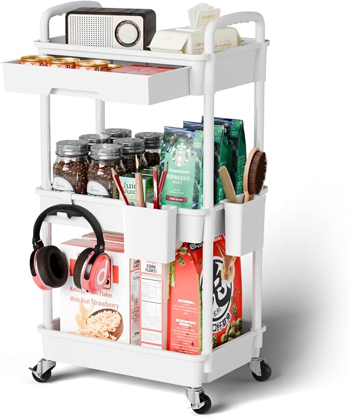 3 Tier Rolling Cart Organizer,Laundry Room Bathroom Organizers and Storage Office Shelves Mobile Shelving Unit Kitchen Trolley Cart with Wheels for Art,Craft,Diaper,Bedside,Snack(White)-NeatNest