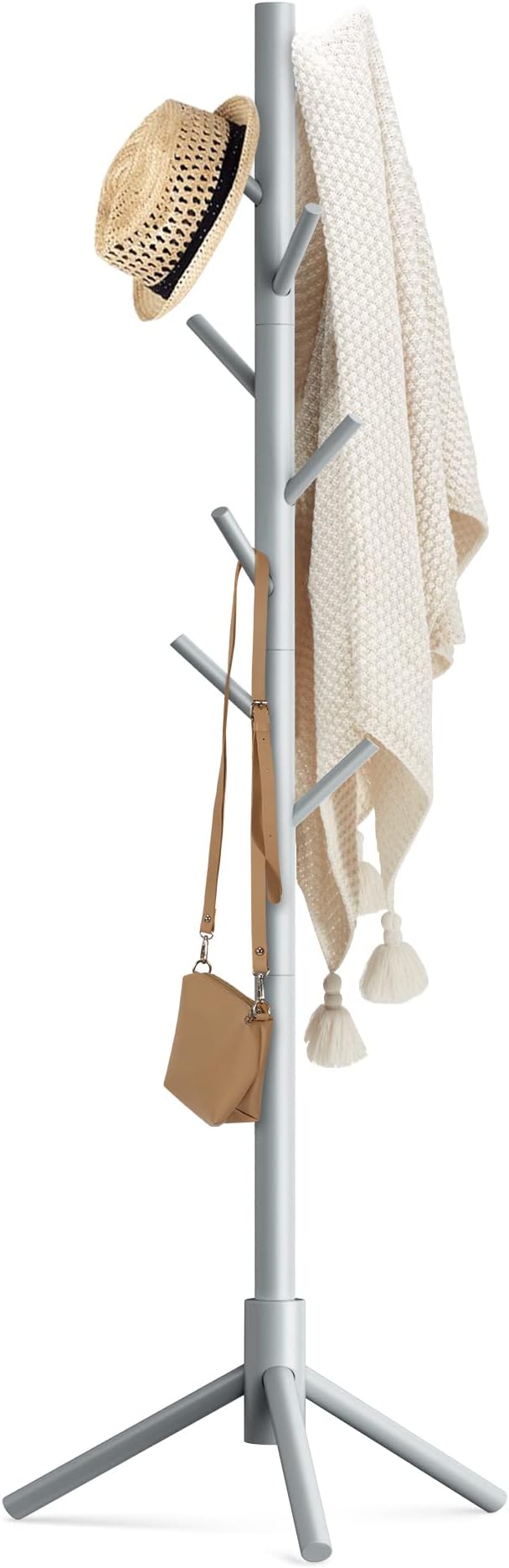 Haddockway Wooden Coat Rack Stand with 8 Hooks New Zealand Pine 3 Adjustable Coat Standing Tree Easy Assembly for Coats, Hats, Scarves and Handbags for Entryway, Hallway, Bedroom, Office-NeatNest