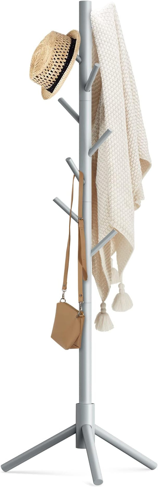 Haddockway Wooden Coat Rack Stand with 8 Hooks New Zealand Pine 3 Adjustable Coat Standing Tree Easy Assembly for Coats, Hats, Scarves and Handbags for Entryway, Hallway, Bedroom, Office-NeatNest