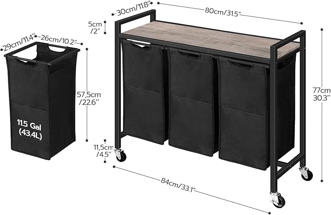 HOOBRO Laundry Sorter 3 Section, Laundry Hamper with Wheels, 3 × 11.5 Gal (43.4L), Rolling Laundry Basket, Pull-Out and Removable Oxford Fabric Bags, Greige and Black BG76XY01-NeatNest
