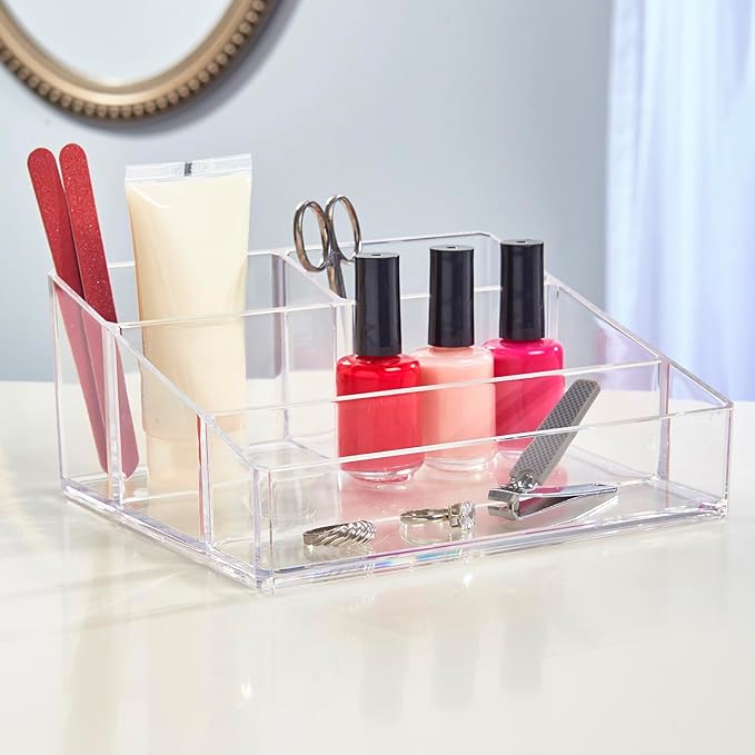 STORi Clear Plastic Small Countertop Vanity Makeup Organizer, Compact Rectangular 4-Compartment Holder for Brushes, Eyeshadow Palettes, & Beauty Supplies, Made in USA-NeatNest