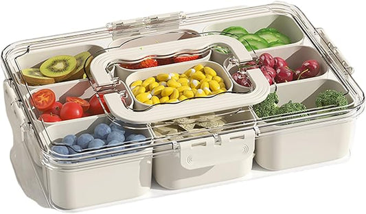 Divided Veggie Tray with Lid and Handle 9 Compartment Serving Tray with Dividers Portable Travel Snack Containers Stackable Snackle Box Charcuterie Container for Fruit,Vegetable,Salad (9 Containers)-NeatNest