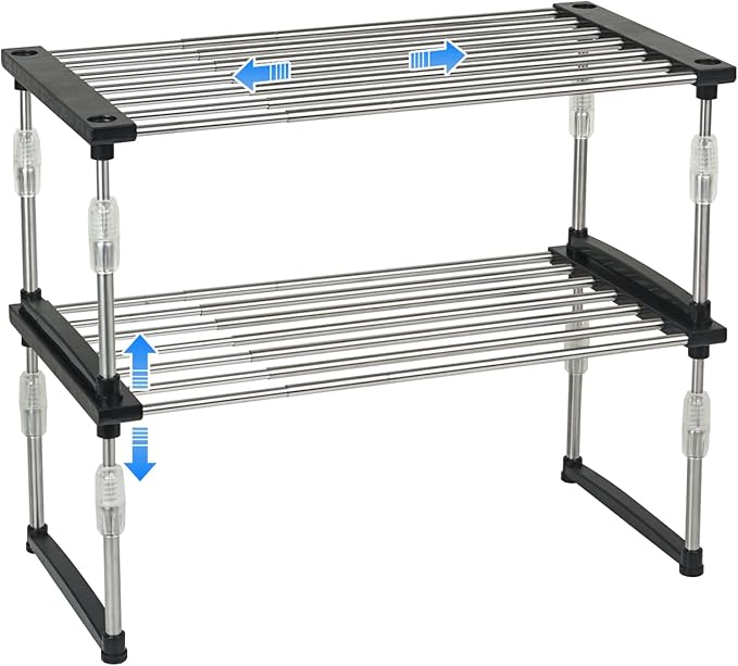 carrotez 2 Pack Expandable Cabinet Organizer, Set of 1 Width & Height-Adjustable Kitchen Cabinet Organizer Shelf, Stackable Kitchen Counter Shelf, 11.8~19.6 x 7.8 x 5.9~9" Black-NeatNest