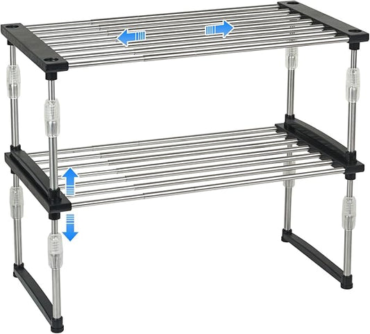 carrotez 2 Pack Expandable Cabinet Organizer, Set of 1 Width & Height-Adjustable Kitchen Cabinet Organizer Shelf, Stackable Kitchen Counter Shelf, 11.8~19.6 x 7.8 x 5.9~9" Black-NeatNest