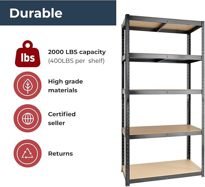 59 x 30 x 12 inches, Black 5 Tier (200LB Per Shelf), 2000LB Capacity Garage Shed Storage Shelving Units, 5 Year Warranty