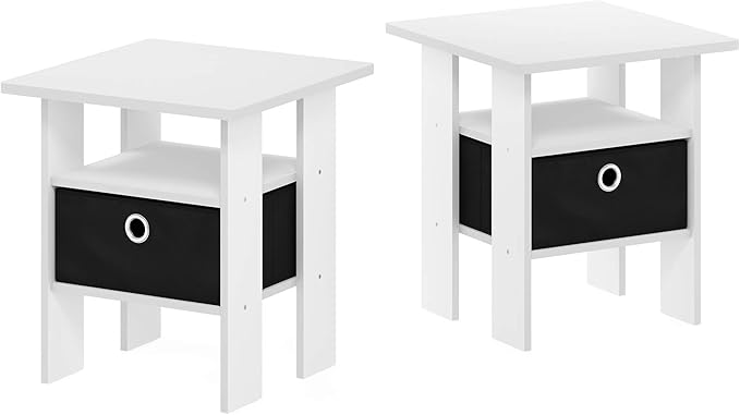 Furinno Andrey Set of 2 End Side Night Stand/Bedside Table with Bin Drawer, 2-Pack, White/Black