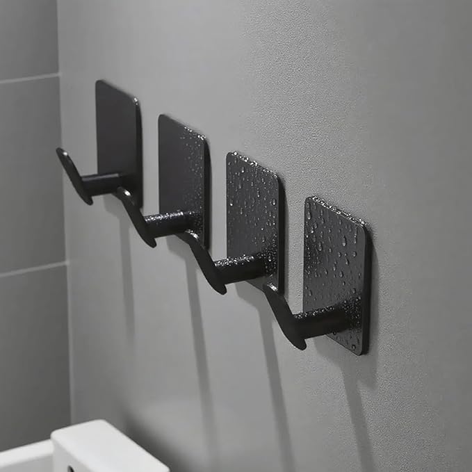 4-Pack Adhesive Wall Hooks – Matte Black Stainless Steel for Bathroom, Kitchen, RV, and Home – No Drilling, Strong Hold, Perfect for Hanging Towels, Coats, Keys, and Bathroom Decor
