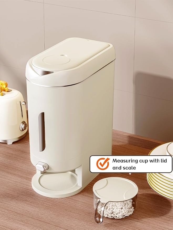 Rice Dispenser Cereal Dry Food Storage Containers with Measuring Cup and Water Filter Cover,Moisture Proof Airtight Food Dispenser Bucket for Rice,Corn,Coffee Bean,Grain,Soybean and Oatmeal,White,12LB-NeatNest