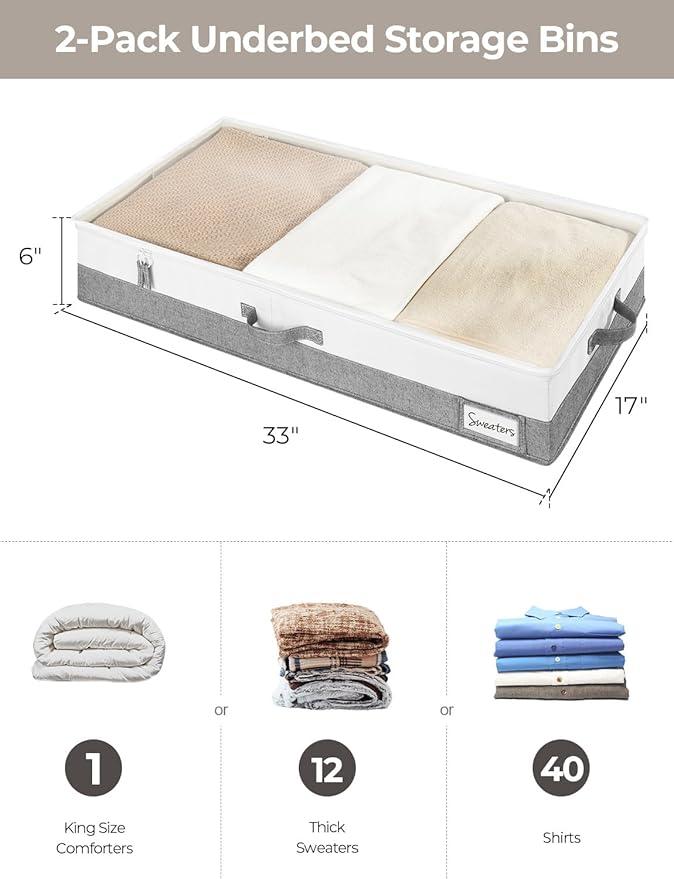 StorageWorks Large Under Bed Storage Containers with Handles and Label Holder, 2 Pack Ultra-thick Fabric Underbed Bins, Closet Organizer for Clothes, Blankets, Sweater-NeatNest