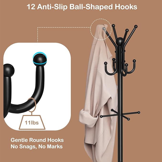 Heavy Duty Freestanding Coat Rack with 12 Hooks & Umbrella Holder - White Metal Clothes Hat Sturdy Standing Hall Tree for Entryway, Living Room, Bedroom, Office Organization (Black)-NeatNest