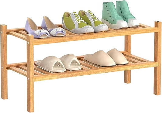 Bamboo Shoe Rack 2-Tier Organizer-Stackable Storage Shelf with Multi-Function Combinations-Free Standing Shoe Racks for Closet,Entryway,Hallway,Bathroom,Living Room Shoe Organization (Natural, 2-Tier)-NeatNest