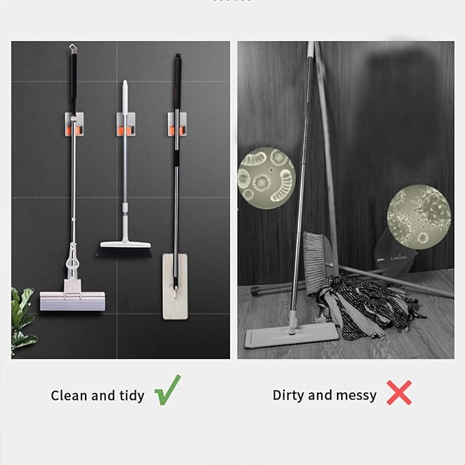 Broom and Mop Holder Wall Mounted, Stainless Steel Self Adhesive Single Broom Hanger Hook, Heavy Duty Organizer Rack, V-Shape Orange, 4 Pack