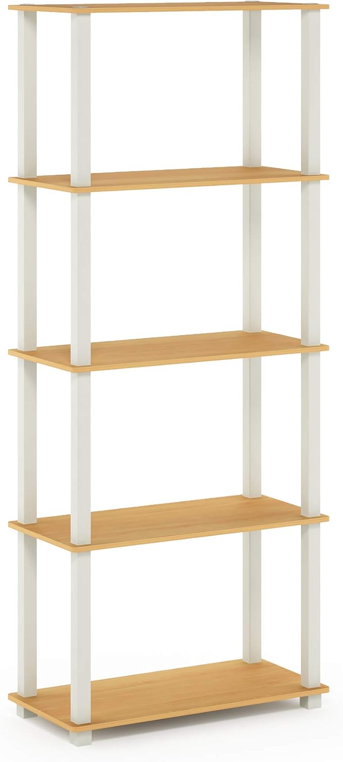 Furinno Turn-N-Tube 5-Tier Multipurpose Shelf / Display Rack / Storage Shelf / Bookshelf, Square Tubes, Beech/White-NeatNest