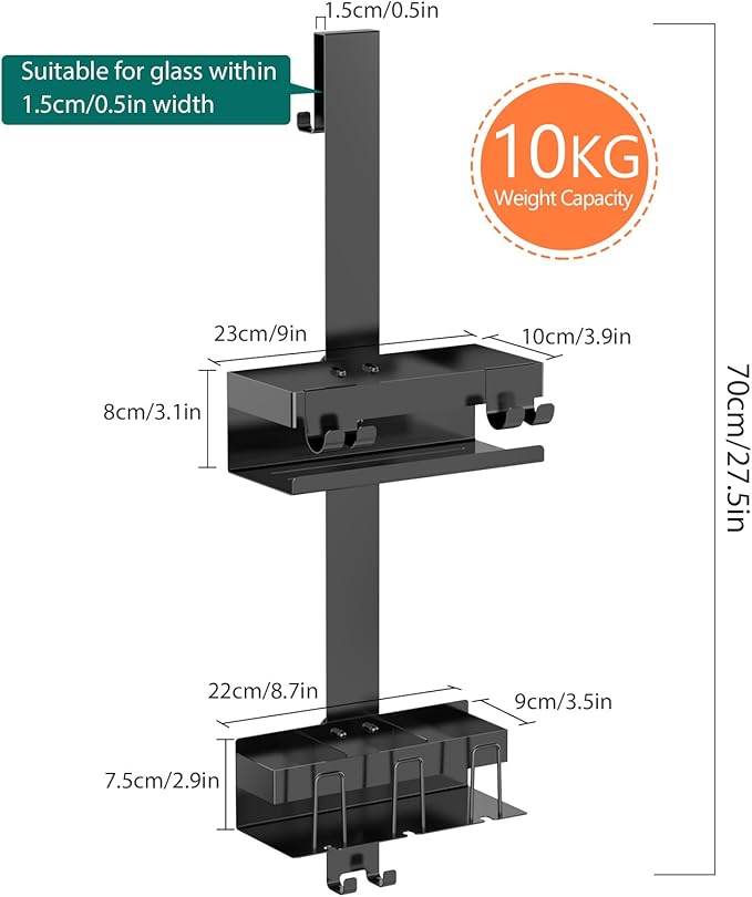 Over The Door Shower Caddy 2 Tier, 304 Stainless Steel Hanging Shower Caddy Rustproof Shower Shelves, No Drilling Hanging Shower Organizer for Bathroom Glass Door, Black