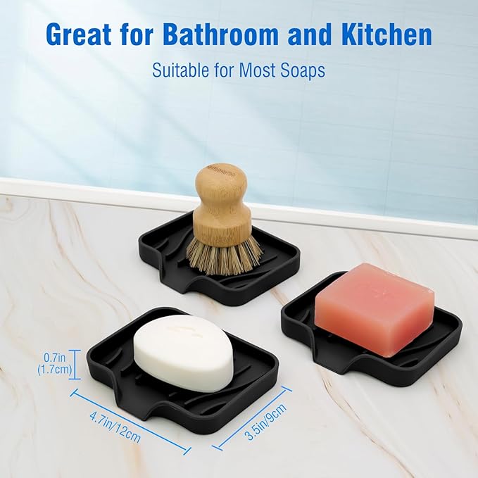 3-Pack Silicone Soap Dish, Bar Soap Holder, Soap Dishes for Bar Soap, Easy to Clean, Self Draining Soap Tray for Shower, Bathroom, Kitchen, Bathtub, Keep Soap Dry, Save Soap (Black)-NeatNest