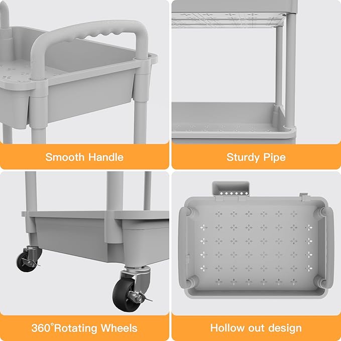 3 Tier Rolling Utility Cart with Handle,REBECAT Utility Cart Made of Multifunctional Storage Organizer Tool for Kitchen,Bathroom,Living Room,Office(Gray)-NeatNest