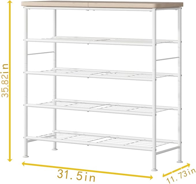 Shoe Rack Organizer 5 Tier for Closet Entryway Free Standing Metal Storage Shoe Shelf with MDF Top Board，White+Oak-NeatNest