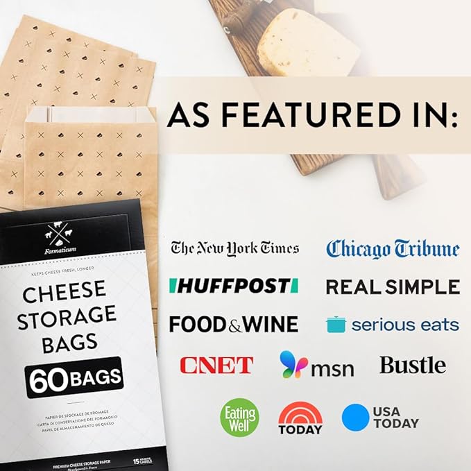 Formaticum - 60-Pack Cheese Storage Bags - 6.25 x 11 Wax Paper Bags to Keep Cheese or Charcuterie Fresh - Professional Grade Cheese Paper for Wrapping Cheese - Porous Brown Paper Bags From France