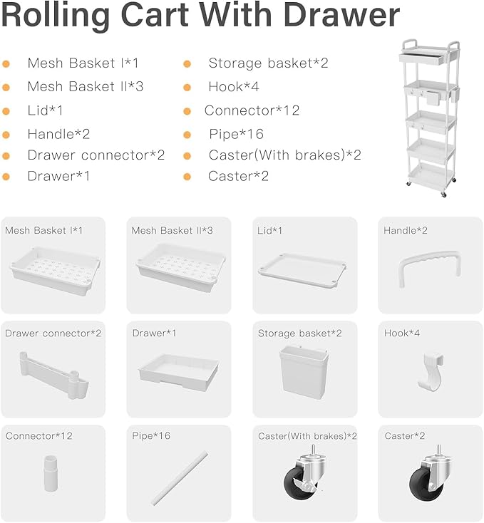 5 Tier Rolling Cart Organizer,Bathroom Cart Organizers with Wheels Laundry Room Organization Mobile Shelving Unit Utility Cart Storage Shelves Multi-Functional for Office, Home(White)-NeatNest