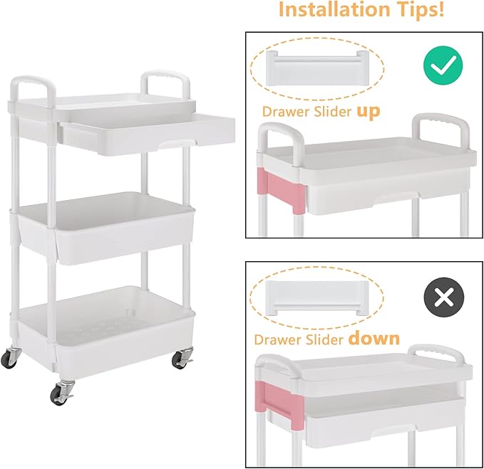 Calmootey 3-Tier Rolling Utility Cart with Drawer,Multifunctional Storage Organizer with Plastic Shelf & Metal Wheels,Storage Cart for Kitchen,Bathroom,Living Room,Office,White-NeatNest