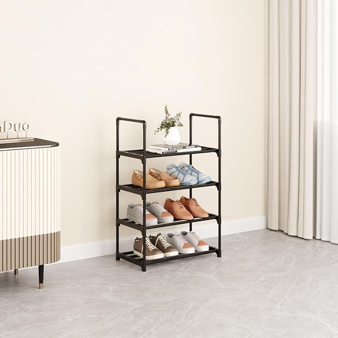 Metal Stackable Small Shoe Rack Organizer, Narrow Shoe Racks for Closets Entryway, Shoe Stand,Shoe Shelf with Handle(4-Tier-Black)-NeatNest