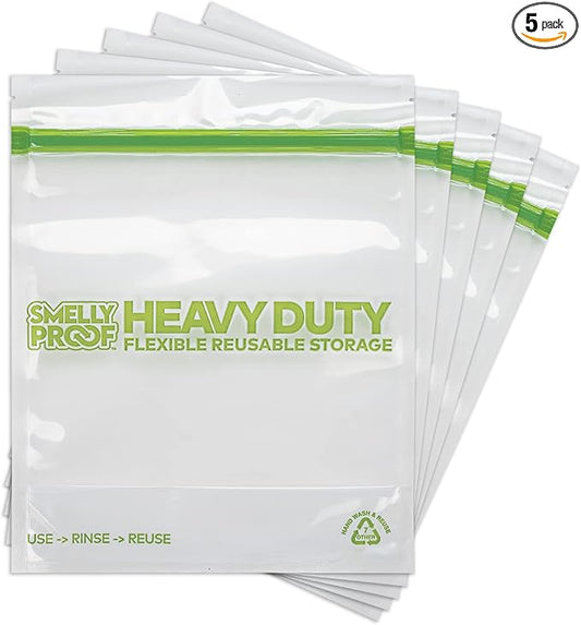 HEAVY DUTY Reusable STAND-UP Ziplock Bags for Food Storage by Smelly Proof, USA Made, NO PEVA & BPA FREE, Reusable Freezer Bags, Dishwasher-Safe, Triple Zip, CLEAR 5-mils LRG Quart 8.5" x 10" - 5pk