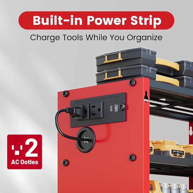 4 Layers Power Tool Organizer Wall Mount with Power Strip, Heavy Duty Metal Shelf, 400lbs Capacity for Cordless Drills, Batteries & Garage Storage (4 Slots with 2 Outlets Power Strip)