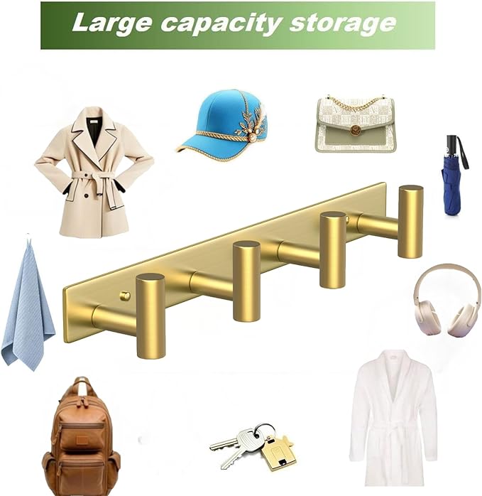 Wall Mounted Coat Rack-4 Hooks, Heavy Duty Stainless Steel Hook Rail for Towel Coat Hat Purse Bag Jacket, Towel Hooks for Entryway Bathroom Kitchen (Gold 4 Hooks - 1 Pack)-NeatNest