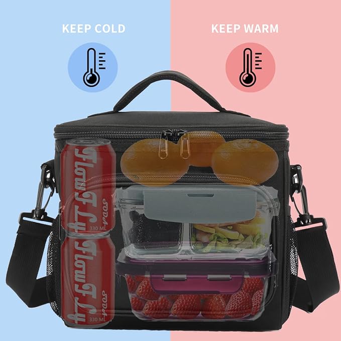 FlowFly Insulated Reusable Lunch Bag Adult Large Lunch Box for Women and Men with Adjustable Shoulder Strap,Front Zipper Pocket and Dual Large Mesh Side Pockets, Black-NeatNest