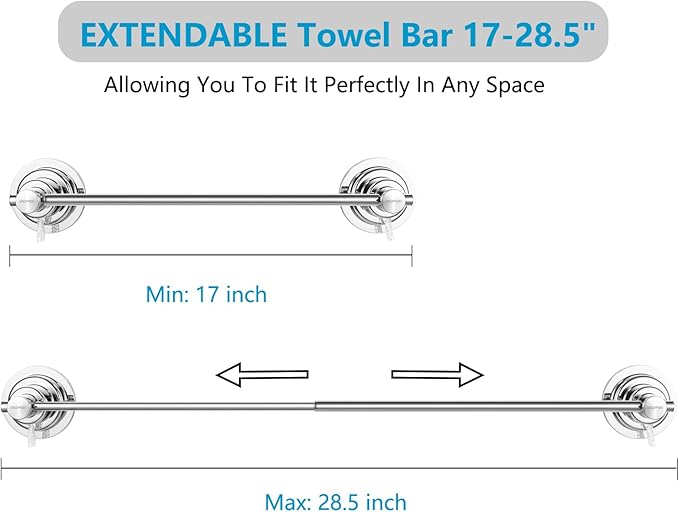 BOPai Extendable Suction Cup Towel Bar 17-28.5", Removeable Shower Door Mat Rod, Chrome-NeatNest