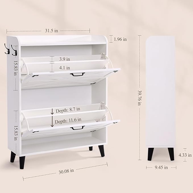 Shoe Cabinet Storage for Entryway - Narrow Shoe Storage Cabinet with 2 Flip Drawers, Farmhouse Shoe Organizer for Entryway Slim Hidden Shoe Rack Cabinet with Hooks for Hallway Foyer Garage-NeatNest