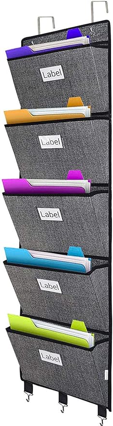 homyfort Over the Door File Organizer Hanging File Folders, Wall Organizers and Storage for Mail, Magazine, Notebooks, Planners, Office, Classroom, 5 Extra Large Pockets (Black with Pattern)-NeatNest