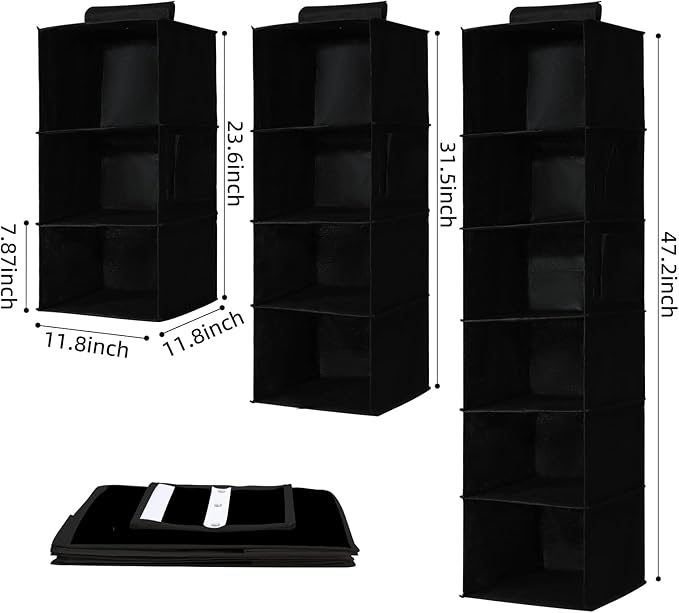 2 Pack Hanging Closet Organizer, 4-Shelf Hanging Shelves with Side Pocket, Black-NeatNest