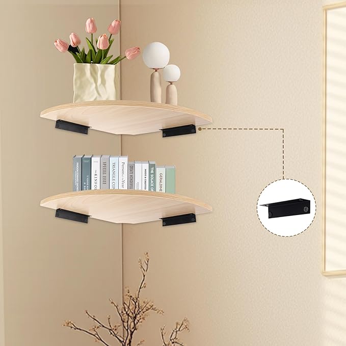 JJL Corner Wall Shelf, 12-Inch Sector Shelf, Set of 2 Wooden Hanging Shelves With Wire Hole for Bedroom Decoration, Light White-NeatNest
