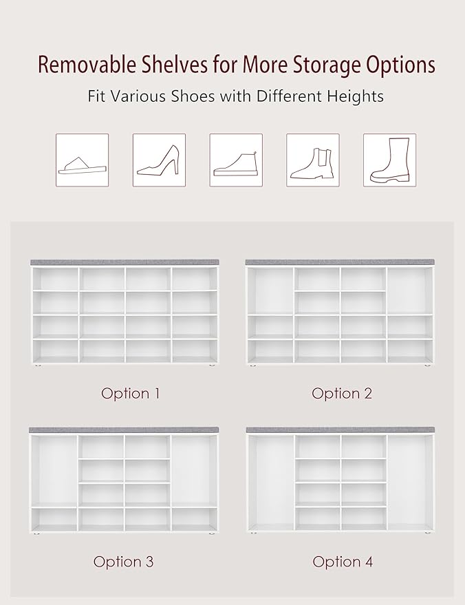 DINZI LVJ Shoe Storage Bench with Cushion, 16-Cubby Shoe Rack, Adjustable Shelves, Multifunctional Shoe Organizer Bench for Entryway, Mudroom, Hallway, Living Room, Bedroom and Garage, White-NeatNest
