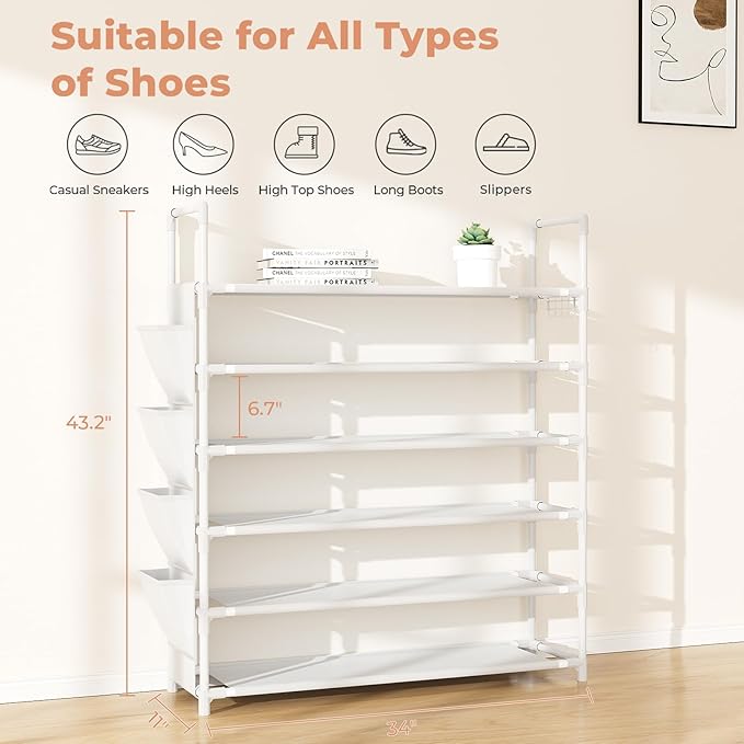 6 Tier Shoe Rack Storage for 24-30 Pairs Shoe and Boot, Shoe Organizer with Hook and Side Pocket Free Standing Long Shoe Shelf Tall Shoe Rack Organizer for Closet, Entryway, Dorm, White-NeatNest
