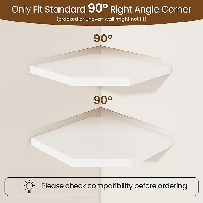 Fun Memories Corner Shelf Wall Mount Set of 2 - Solid Oak Wood Floating Corner Shelf with Cable Hole, 10in Rustic Design for Bedroom, Living Room, Kitchen (White)-NeatNest