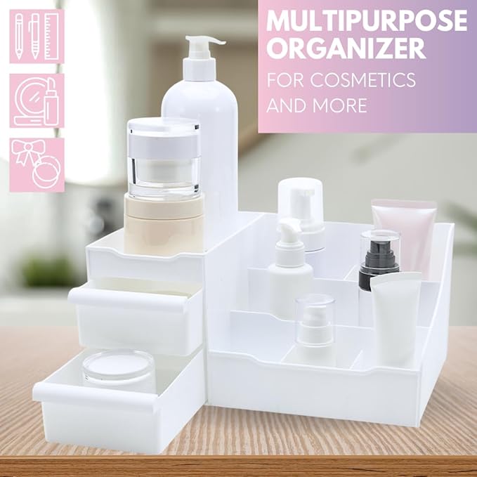 Mantello Makeup Organizer for Vanity - White Cosmetics Organizer with Multiple Compartments for Makeup and Toiletries-NeatNest