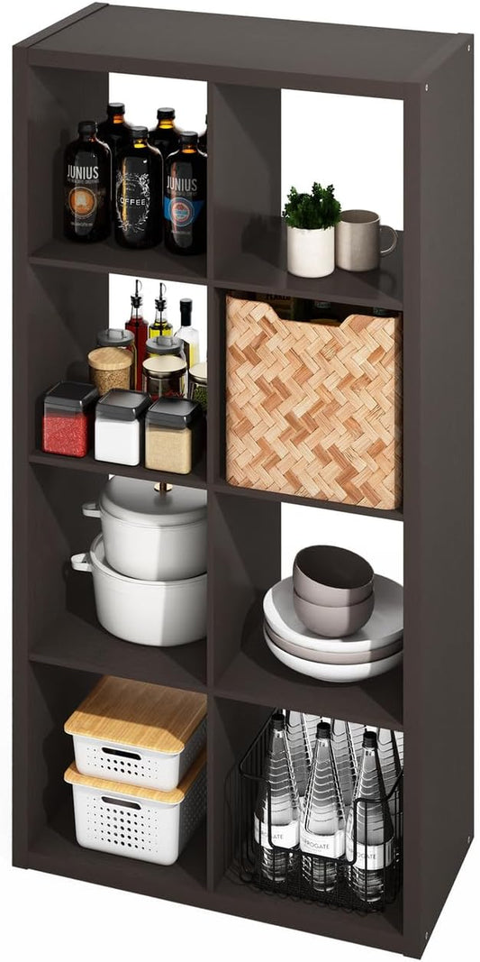Furinno Hermite 8-Cube Open Shelves Kitchen Storage, Kitchen Island, Bakers Rack, Buffet Sideboard, Black Dark Oak-NeatNest