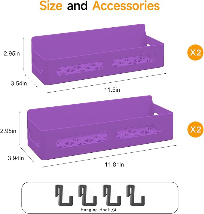 4 Pack Magnetic Spice Rack for Refrigerator, Spice Rack Organizer, Moveable Magnetic Shelf Fridge Organizer with 4 Hooks for Kitchen and Oven Organization, Black, Purple