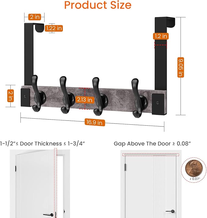Homode Over The Door Hooks Heavy Duty, Wood Over The Door Towel Rack for Bathroom Door, Rustic Over The Door Hanger,Back of Door Hooks Coat Hooks for Hanging Towels Clothes Hats Bags, Grey