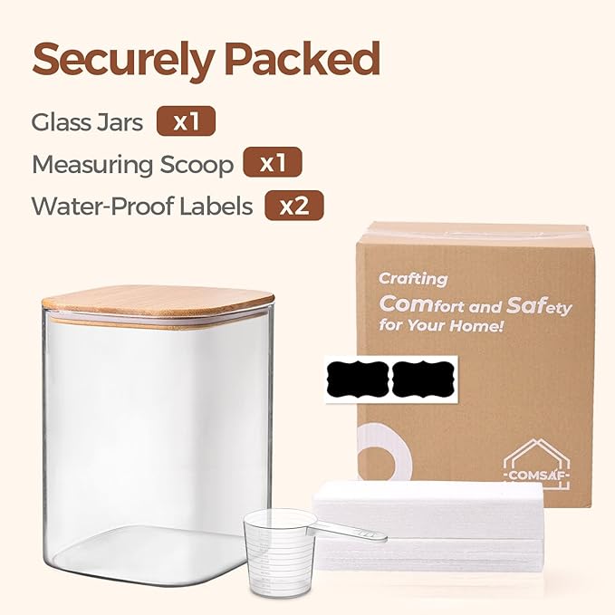 ComSaf 3.6Qt Glass Food Storage Containers, Cereal Storage Containers with Airtight Lids, Large Square Glass Jars with Bamboo Lids, for Rice, Pasta, Oats, Grains, Coffee Beans-NeatNest