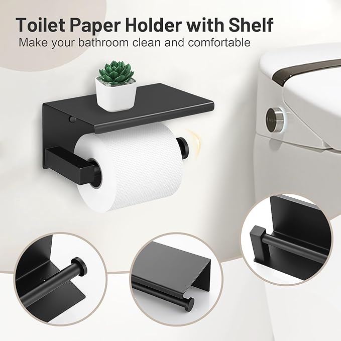 5PCS Black Bathroom Hardware Set, SUS304 Stainless Steel Bath Towel Bar Set-23.6 inches Towel Bar, Toilet Paper Holder with Shelf, Towel Ring and Two Towel Hooks, Towel Holder Set Wall-Mounted